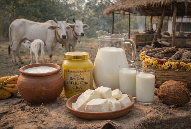 Our Desi Cow's Milk is sourced from ethical, traditional dairy farms where cows are treated with care. Pure, nutrient-rich, and chemical-free.